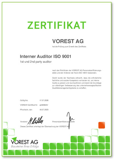 Zertifikat einer Weiterbildung Energiemanagement mit abschließender Prüfung bei der VOREST AG auf Deutsch