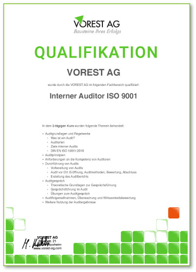 Qualifikationsbescheinigung der VOREST AG auf Deutsch – Weiterbildung Nachhaltigkeitsmanagement