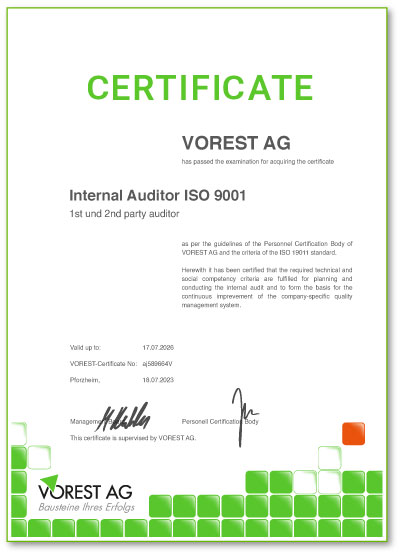 Zertifikat einer Weiterbildung Nachhaltigkeitsmanagement mit abschließender Prüfung bei der VOREST AG auf Englisch