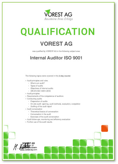 Qualifikationsbescheinigung einer Online Schulung Umweltmanagement ISO 14001 bei der VOREST AG auf Englisch